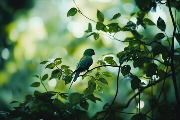 Green Bird on Tree Branch