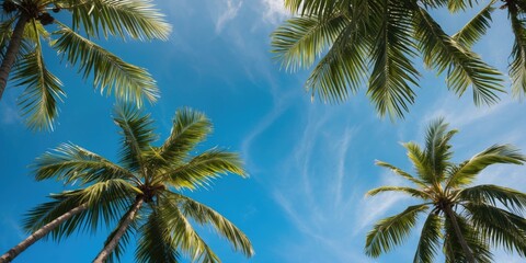 Palm trees against clear blue sky with scattered clouds viewed from below in a tropical setting