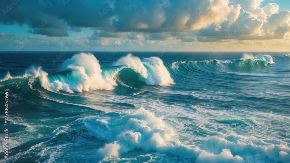 Poster dynamic ocean waves crashing against each other under a cloudy sky during golden hour lighting.