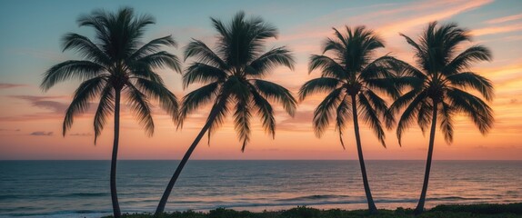 Silhouette of palm trees at sunset against ocean horizon with colorful sky and calm waves in tropical landscape composition