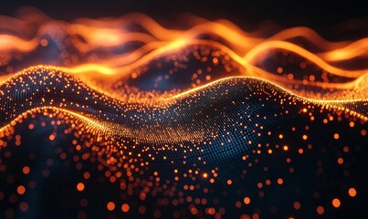 Futuristic Digital Network with Glowing Orange Particles, Abstract Data Visualization, Technology Background, Evening Lighting, Dynamic Energy Flow, Network Connectivity