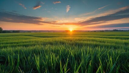 Vibrant sunset over expansive green rice fields with dramatic clouds and golden light in the background with clear blue sky