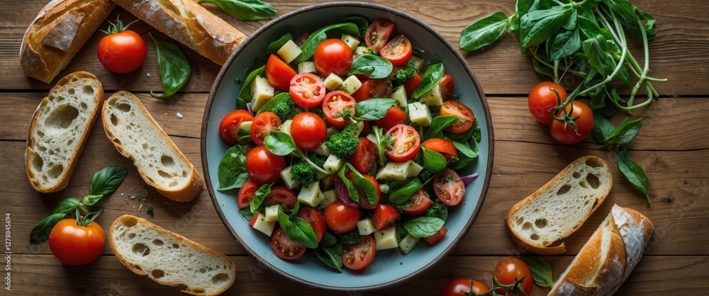 Poster fresh tomato and cucumber salad with basil served in a bowl surrounded by sliced bread on a wooden t