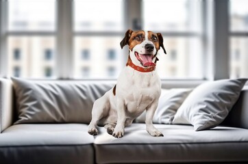 Cute smart dog on the bed in room