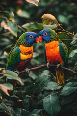 Colorful birds perched on tree branch