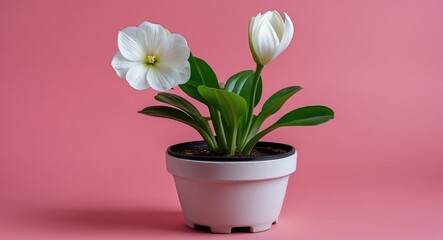 Obraz premium White flower arrangement with a tulip and a bloom in a pot on a pink background