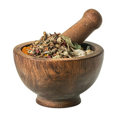 Traditional wooden mortar and pestle with spices and dried herbs isolated on transparent background