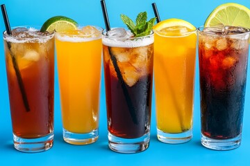 Assortment of various beverages served in crushed ice, creating a refreshing and visually appealing display Ai Generated