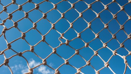 Naklejka premium cotton rope net against blue sky with white clouds texture detail outdoor background