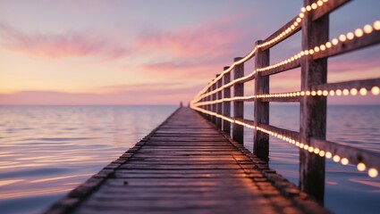 Obraz premium Wooden pier with illuminated railing extending into calm water under a colorful sunset sky with soft clouds.
