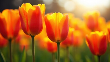 A field of vibrant orange tulips glowing in the sunlight.