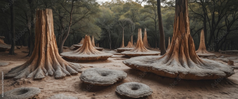 Poster unique rock formations resembling tree stumps and circular features in a forested area under soft na