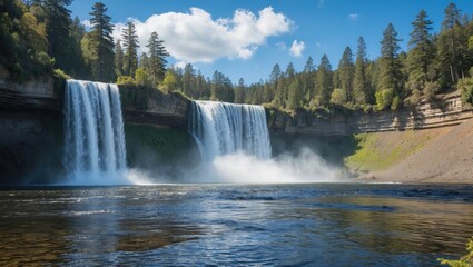 Waterfall cascading down rocky cliffs surrounded by lush green forest under a blue sky with scattered clouds near a river in daytime