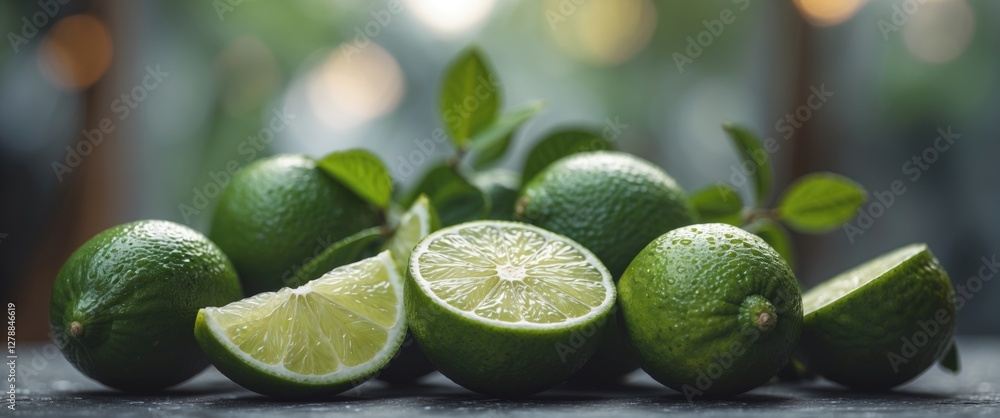 Poster fresh limes and lime wedges arranged on a rustic surface with green leaves in the background blurred