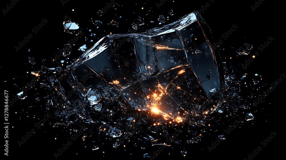 Poster shards of glass illuminated with internal light on a black background creating a sense of chaos