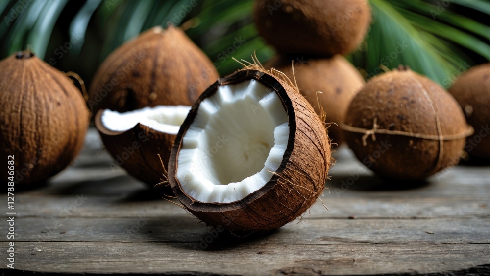 Poster coconuts on wooden surface with one split open revealing white flesh and brown shell, tropical setti