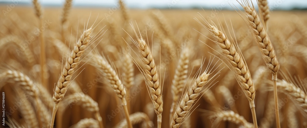 Aufkleber golden wheat field with close-up view of ripe wheat ears against a soft blurred background of additi