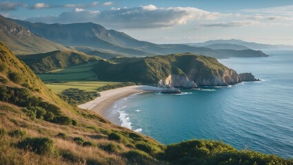 Coastal landscape with cliffs and sandy beach under clear blue sky in a tranquil natural setting during golden hour light