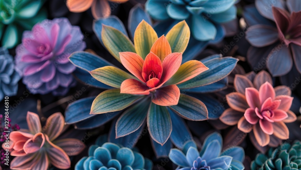 Poster colorful assorted succulents and cacti of various shapes and sizes arranged together in a visually a