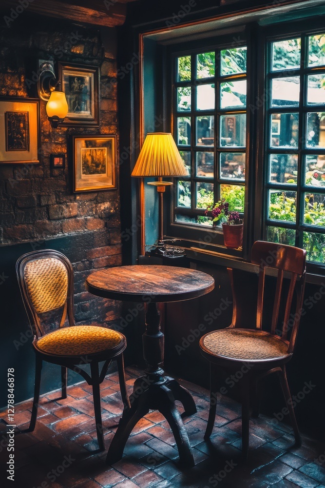 Aufkleber a simple setup featuring two chairs and a table, creating a cozy atmosphere within a room designed f