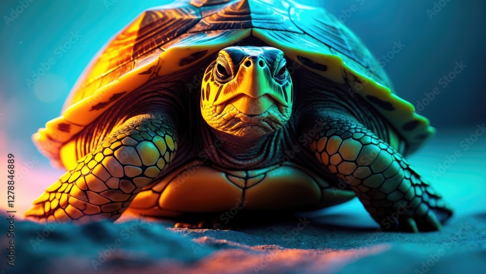 Poster colorful close-up of a turtle on a sandy surface with dramatic lighting highlighting its intricate s