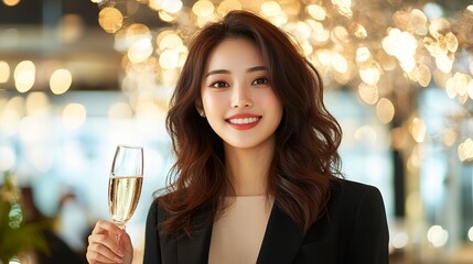 Smiling woman raising glass, bathed in bokeh light. Elegance captured. Celebration, success, and sophisticated charm conveyed in a single toast.