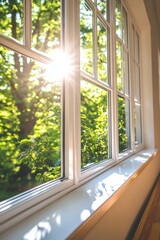 Fototapeta premium Sunlight filters through a window, illuminating a cozy room, while lush trees outside create a serene and natural backdrop.