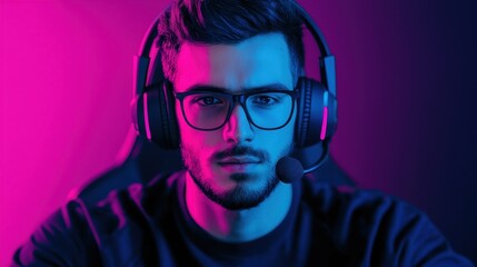 Obraz premium A focused gamer wearing glasses and a headset, illuminated by vibrant blue and pink lighting.