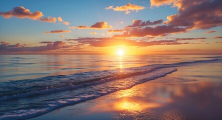 Sunset over calm ocean waters with clouds reflecting golden and orange hues during twilight hours. Sea waves gently lap at the shore.