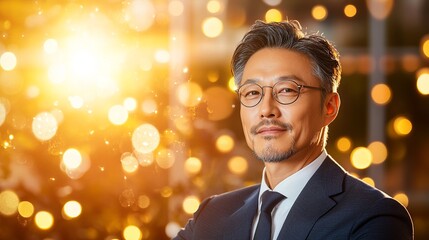 Portrait of a distinguished man with glasses, wearing a suit, set against a sparkling golden bokeh background. Elegant and professional.