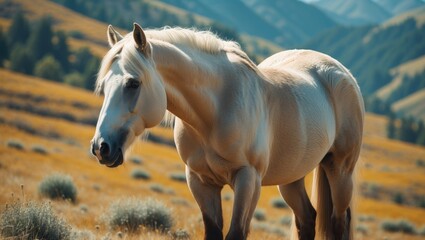 Horse standing in a picturesque mountain landscape with golden grass and distant peaks under a clear blue sky