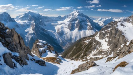 Panoramic view of snow-covered mountains with dramatic peaks and valleys under a clear blue sky in the Swiss Alps landscape