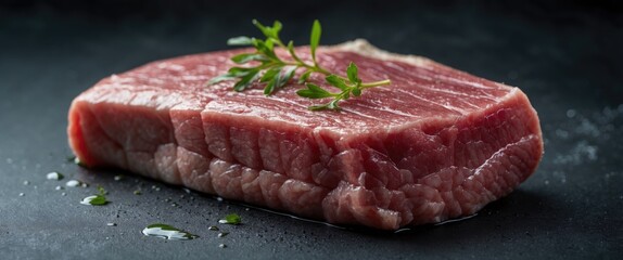 Raw beef steak on dark slate surface with fresh herbs and oil droplets against a neutral background