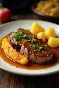 Roasted parmentier made with tender beef, crispy roasted pumpkin, and fluffy boiled potatoes, fluffy, dish, side
