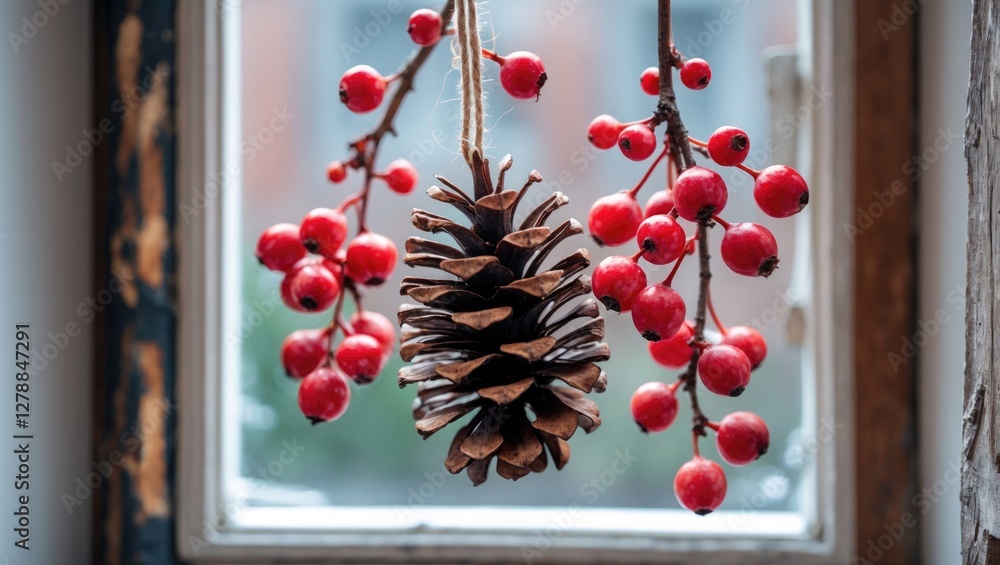 Poster pinecone and red decorative berries hanging from a window frame with a blurred outdoor background in