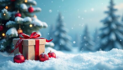 Snowy background with Christmas box and balls in the corner, snowy landscape, ornaments, winter scene