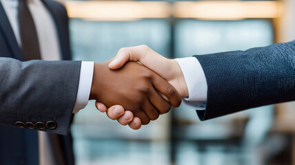 Two businessmen shaking hands in office setting, symbolizing agreement and partnership. atmosphere conveys professionalism and collaboration
