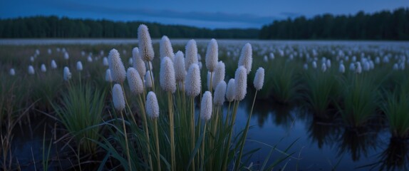 White cattails in marshland at dusk with lush green grass and calm water reflecting the sky and surrounding forest landscape.