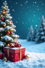 Snowy background with Christmas box and balls in the corner, snowy landscape, winter wonderland, Christmas decoration