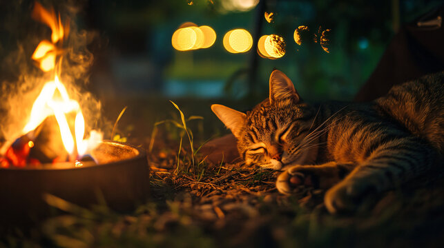 Cozy Campfire Dream: A serene tabby cat sleeps peacefully beside a warm campfire, bathed in the soft glow of the flames under a starlit night. A perfect scene of tranquility and relaxation.