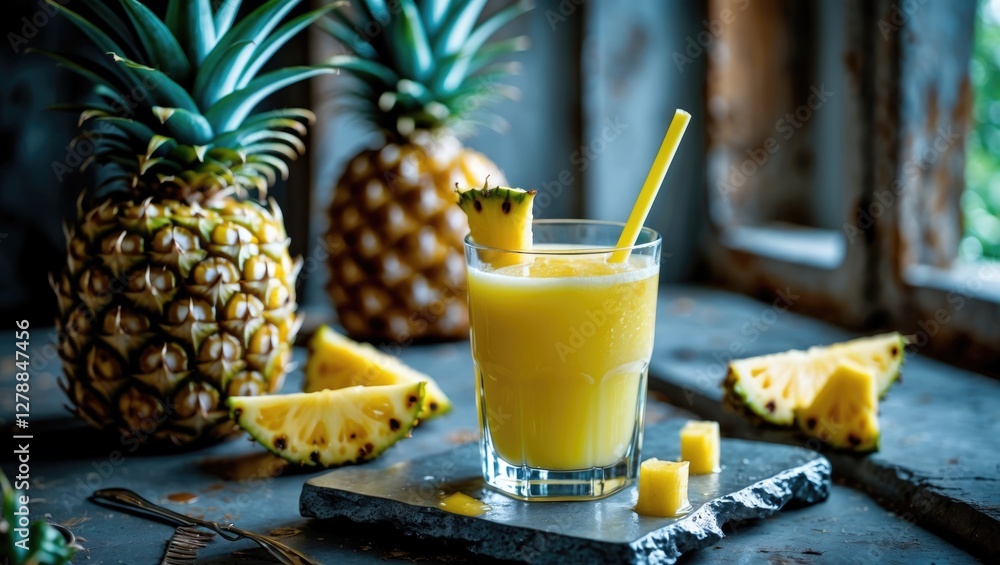 Poster fresh pineapple juice in a glass with pineapple cubes and garnish on a rustic stone surface with who
