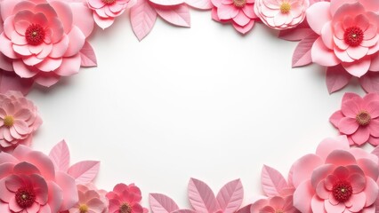 Pink papel picado template with intricate flower designs and leaves framing a blank white center.