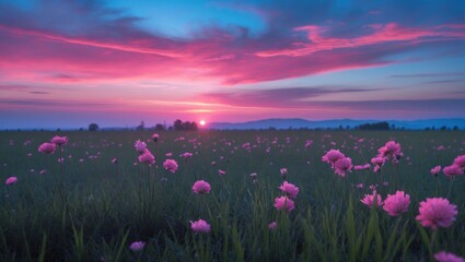 Field of pink flowers during sunset with vibrant sky colors and distant mountains in the background