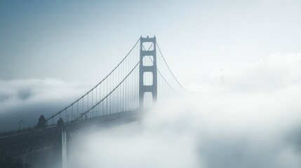 Capture a mysterious suspension bridge disappearing into thick morning fog, with only its towering pillars faintly visible through the mist." 