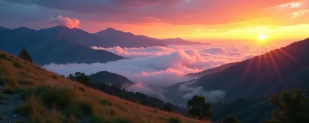 Silky clouds drifting across the hills of La Portada at sunrise, mountains, landscape