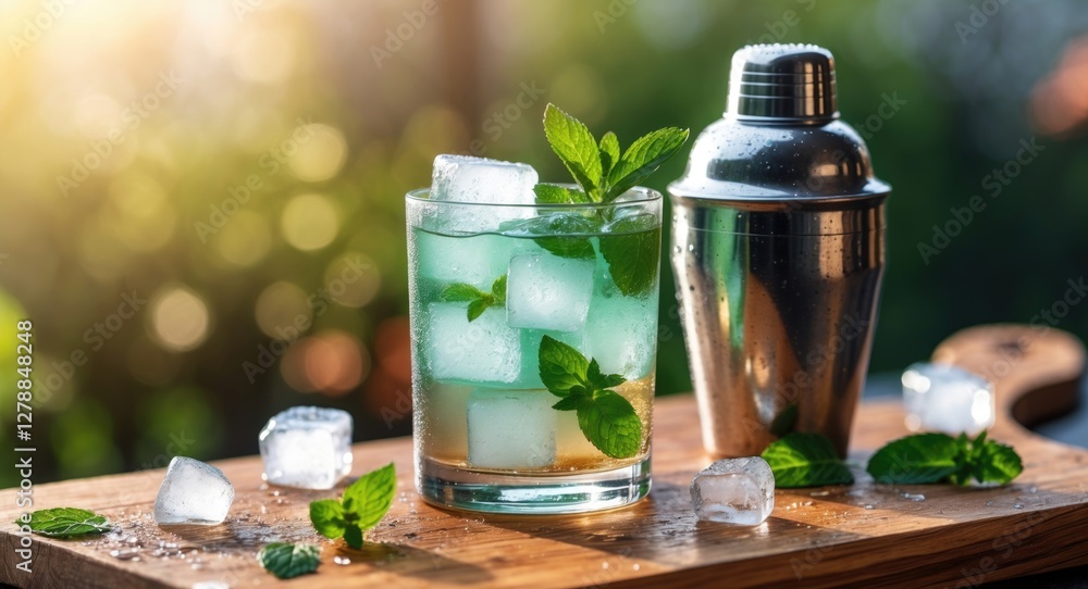 Wall mural Mojito cocktail with mint leaves and ice cubes in a glass with cocktail shaker on a wooden table against a blurred outdoor background