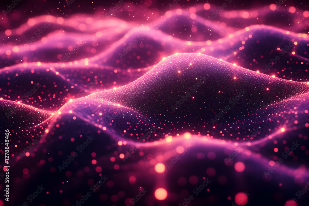 Poster abstract glowing pink and purple particle waves with a dynamic and futuristic design