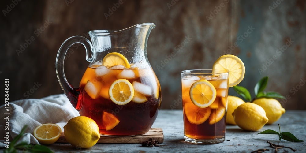 Aufkleber iced tea pitcher and glass with lemon slices on a wooden surface with fresh lemons and greenery in r
