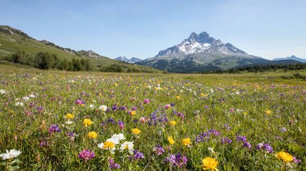 Obraz premium Alpine meadow flowers with mountain peak