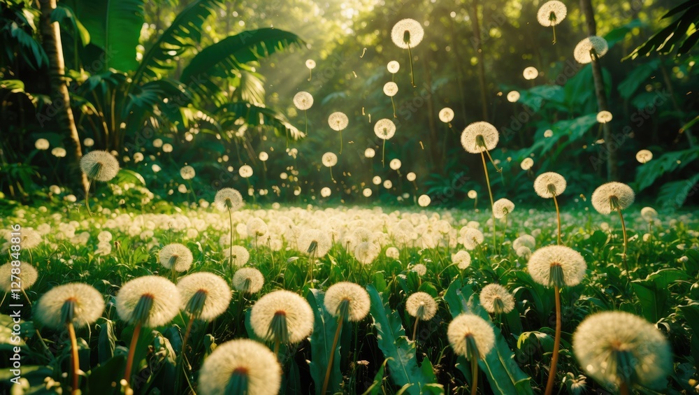 Poster dandelion field in a lush green forest with sunlight filtering through trees and dandelion seeds flo